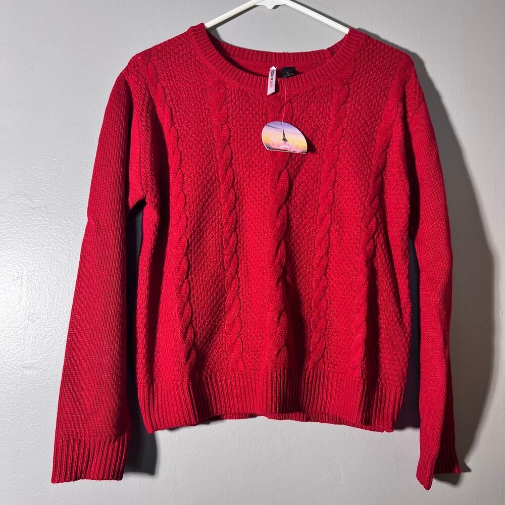 Love By Design Cable Knit Sweater Large Red Crewneck Chunky Cozy Pullover